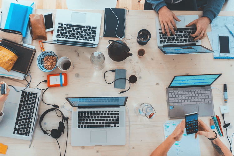 A table full of distracting technology.