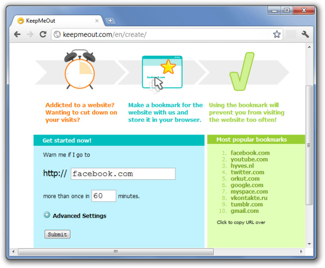 A screenshot of KeepMeOut's distraction cancelling software.
