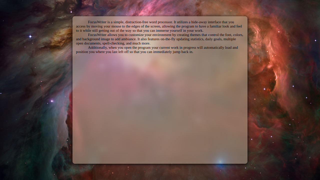 A screenshot of FocusWriter's distraction cancelling software.