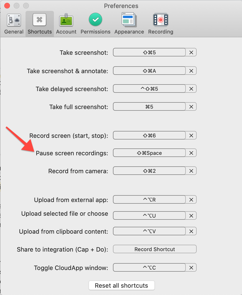 An annotated screenshot shows the “Pause screen recordings” shortcut under CloudApp’s Preferences menu.
