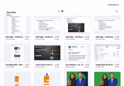 A user navigates between list and icon view in the content viewer at share.getcloudapp.com/dashboard.