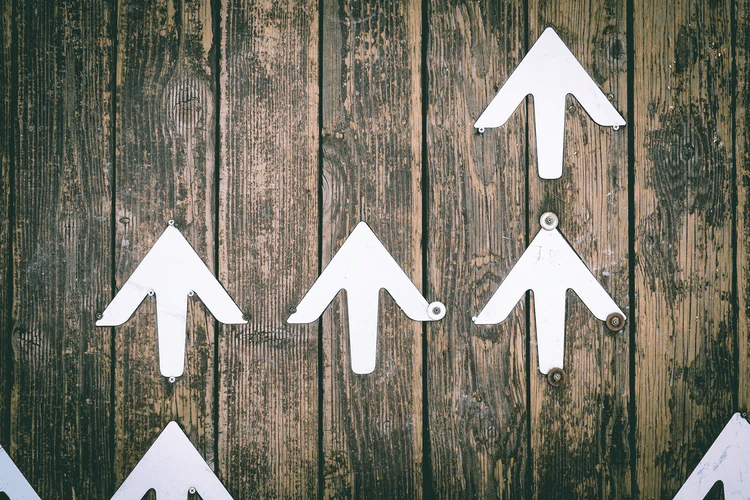 Arrows screwed to a wood background and pointing up.