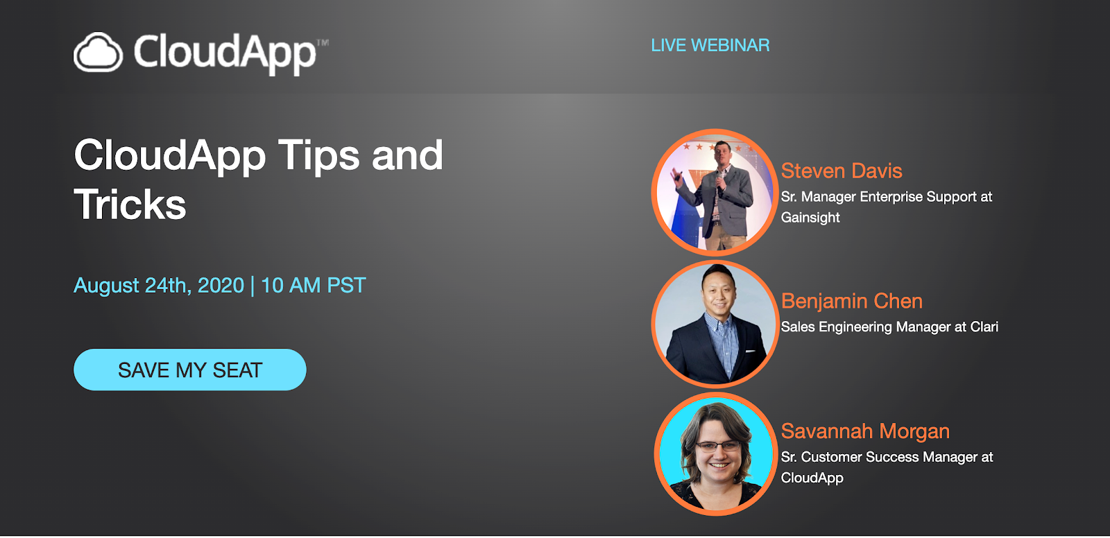 A visual illustration of the CloudApp Tips and Tricks webinar participants, date, and time.