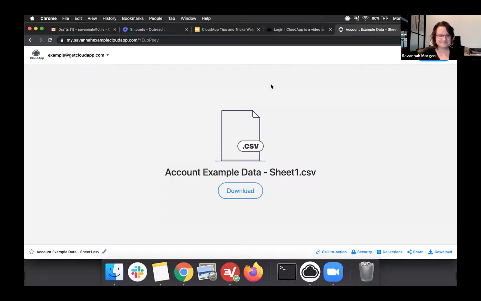 Savannah illustrates using drop and drop to upload a file to CloudApp.