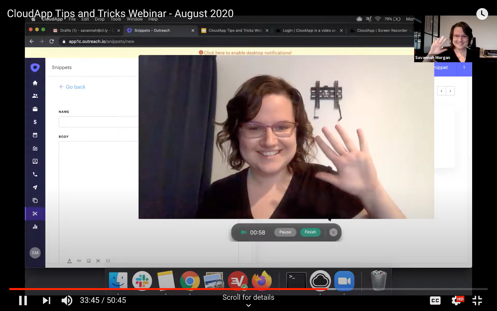 Savannah uses CloudApp GIF recording to capture a moving picture of herself waving. She uses this GIF to add a personal touch to her signature.