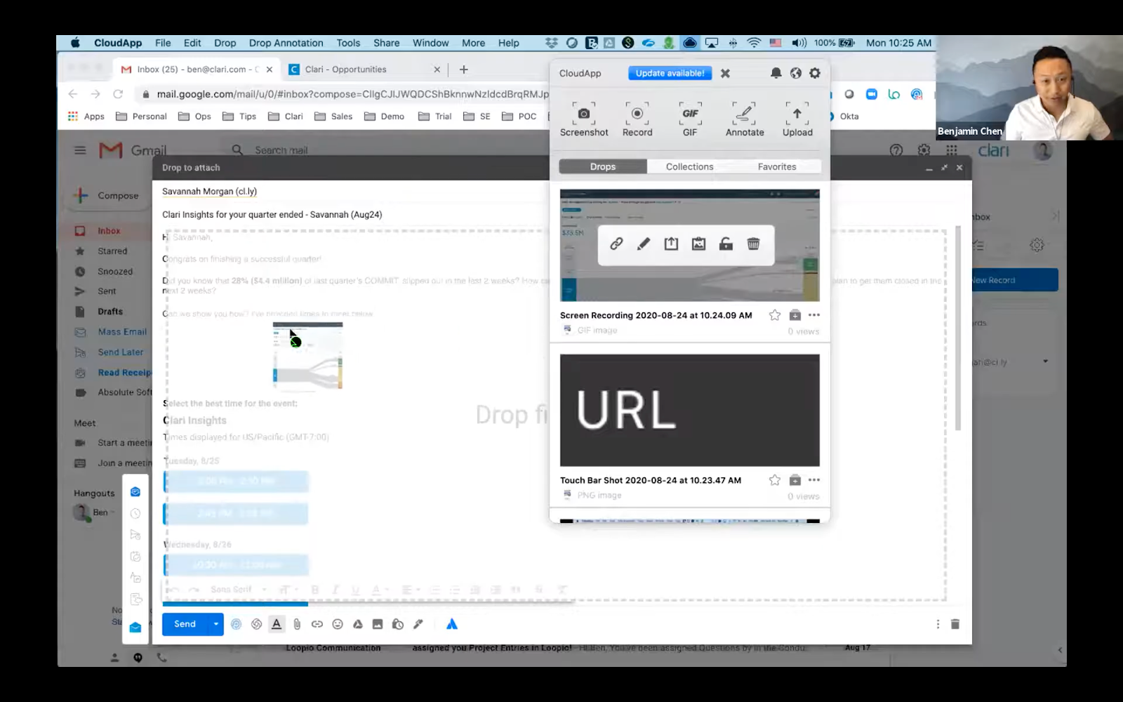 Ben drags a GIF from his CloudApp menu bar to his insight email to a client.