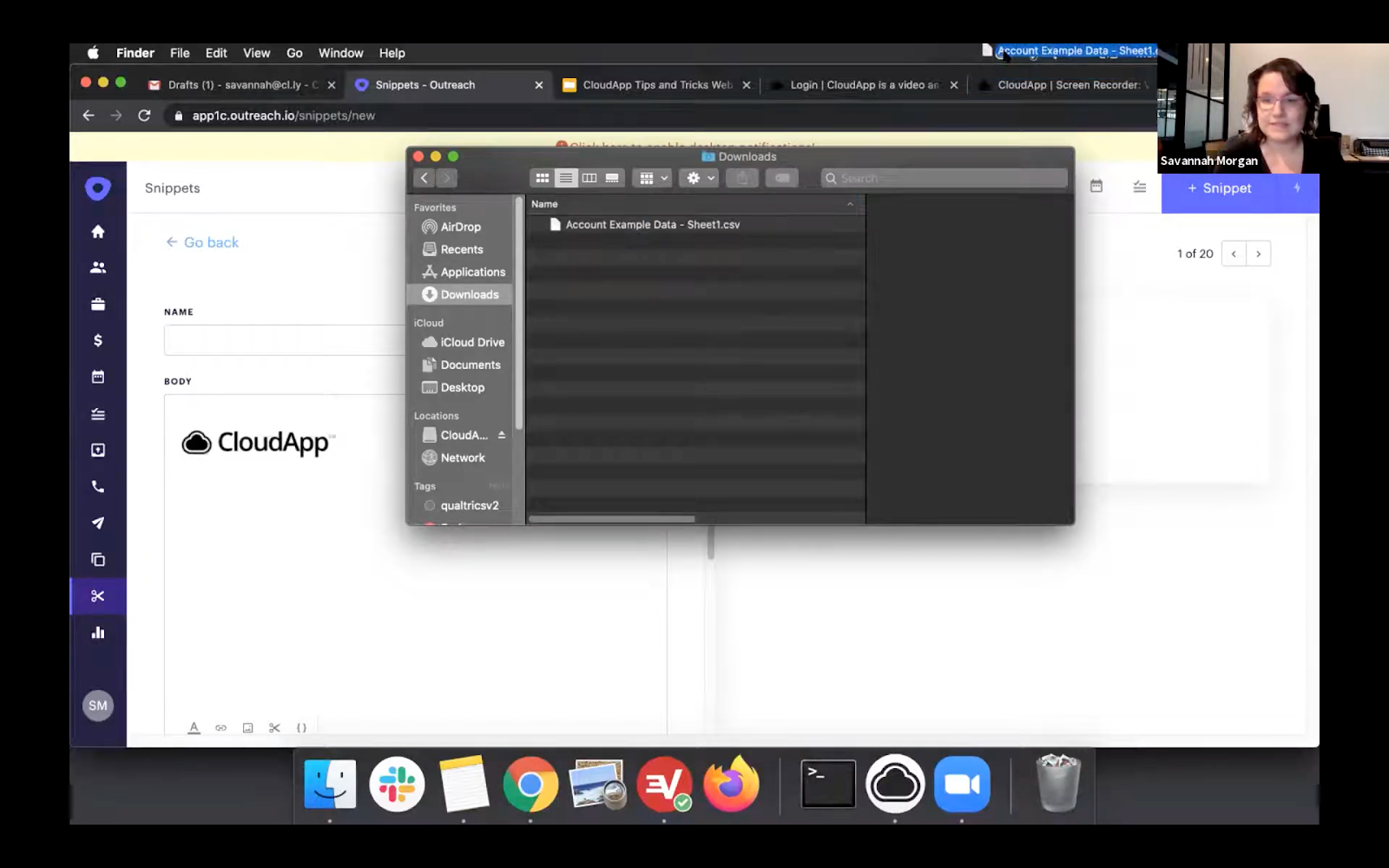 Savannah illustrates using drop and drop to upload a file to CloudApp.
