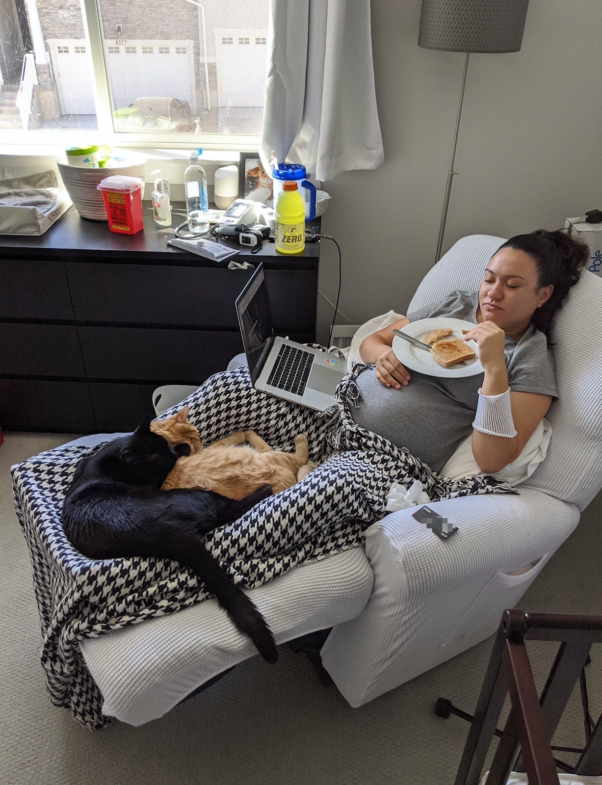 Maile Waite working from home while on bedrest