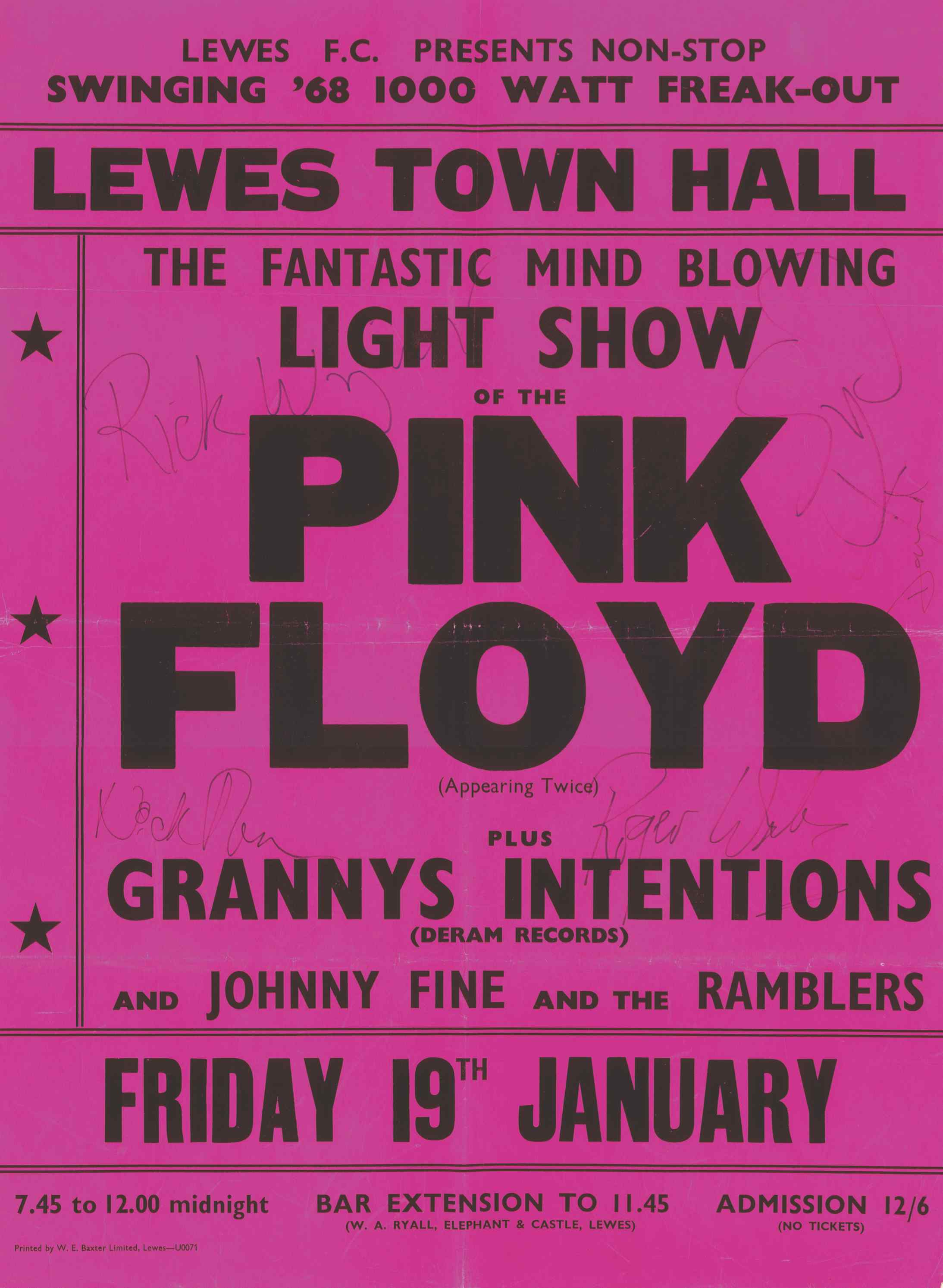 Original 1968 poster for Pink Floyd's gig at Lewes Town Hall