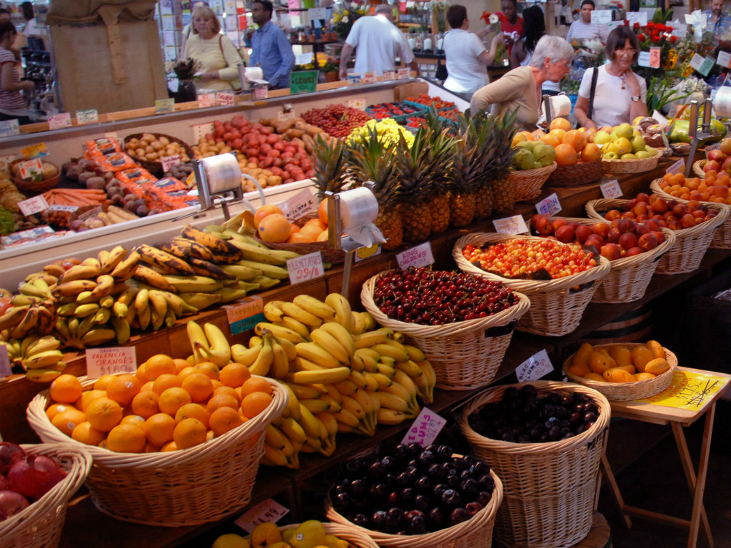 baskets of colorful produce lined up at a market in westerville ohio