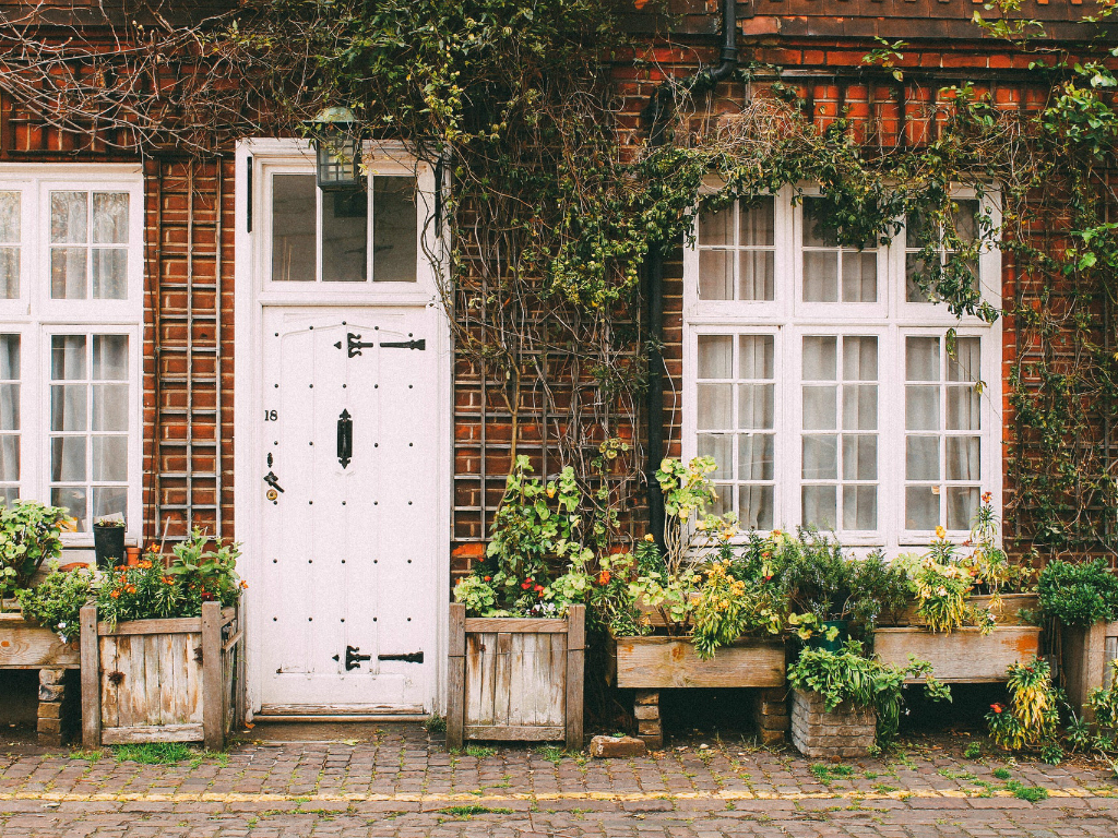 a red brick home with white windows and doors clad in ivy