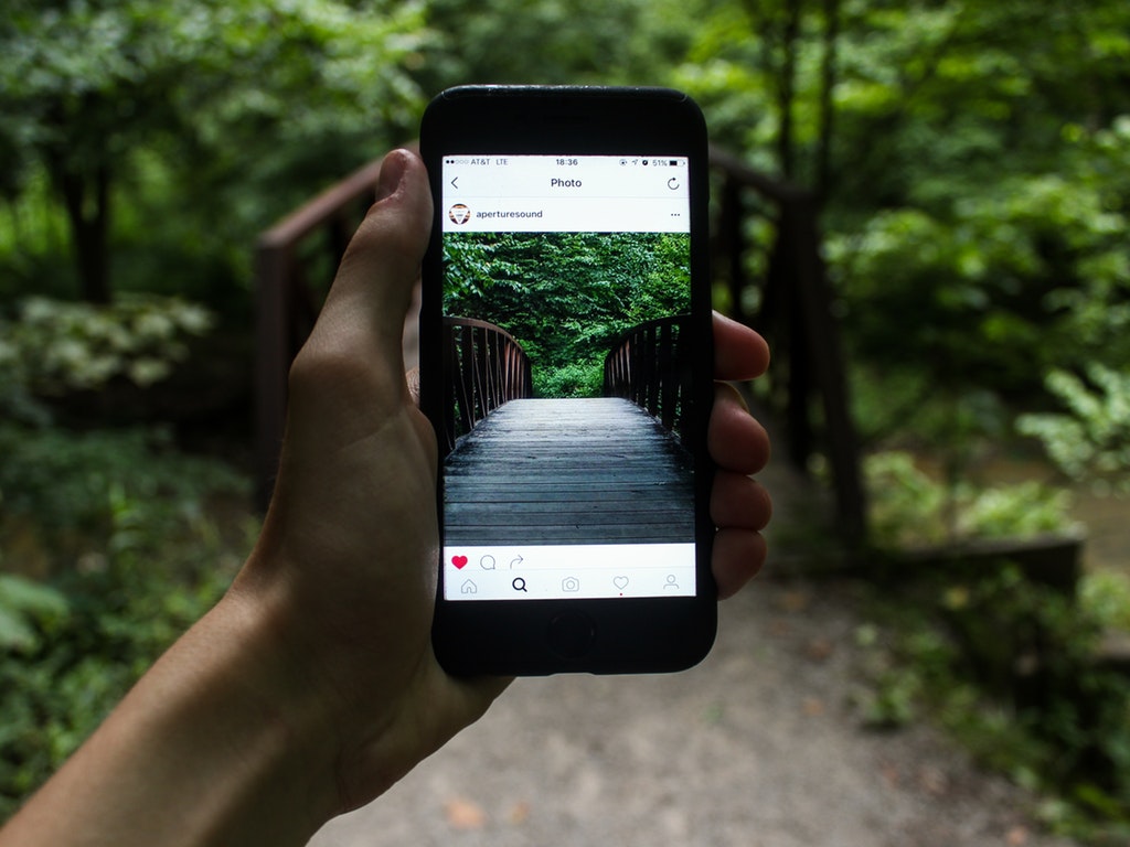 a person holds up a phone, capturing the green path in front of them