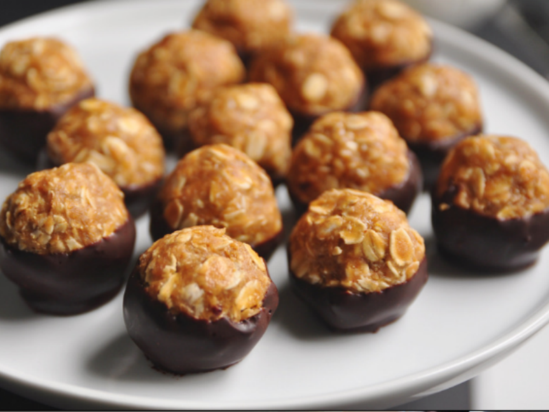 Peanut butter oatmeal buckeyes dipped in chocolate