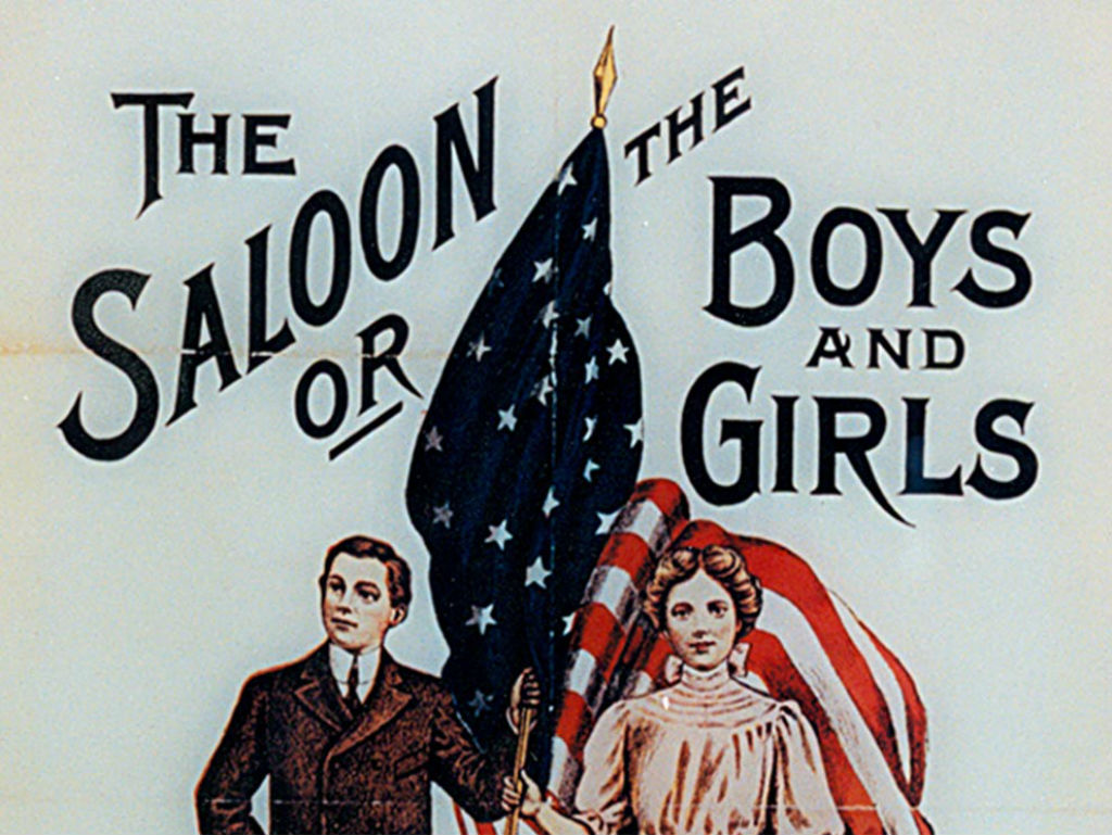 an old timey sketch of a man and woman with an american flag that reads the saloon or boys and girls