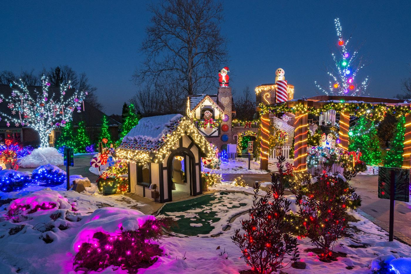 snowy Stan Hywet Hall Gardens decorated with christmas lights