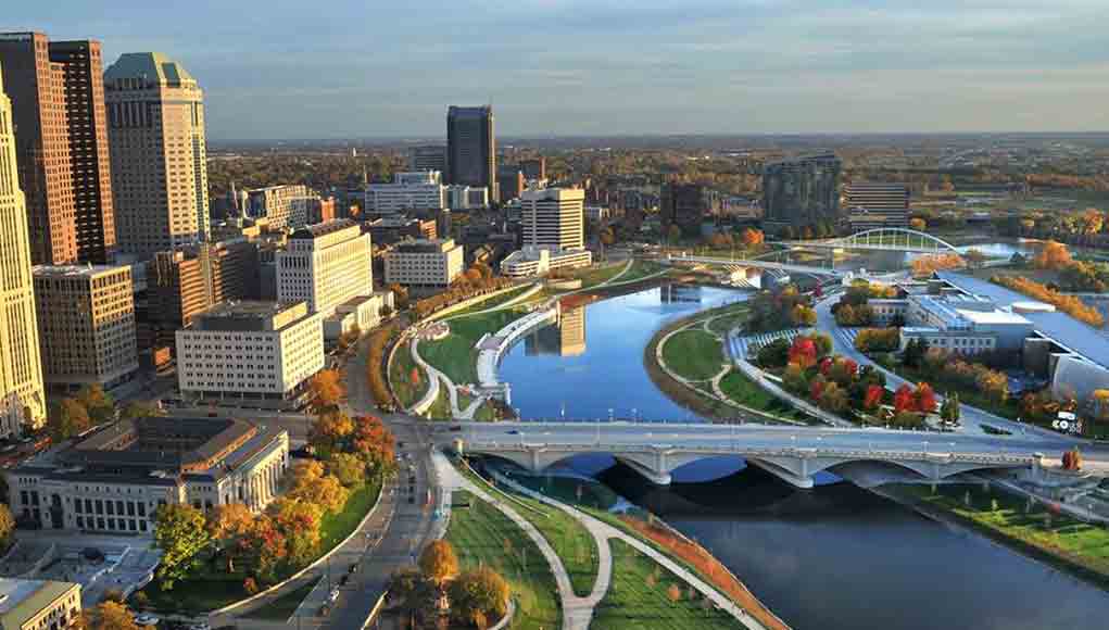 bird's eye view of Columbus and the Scioto River