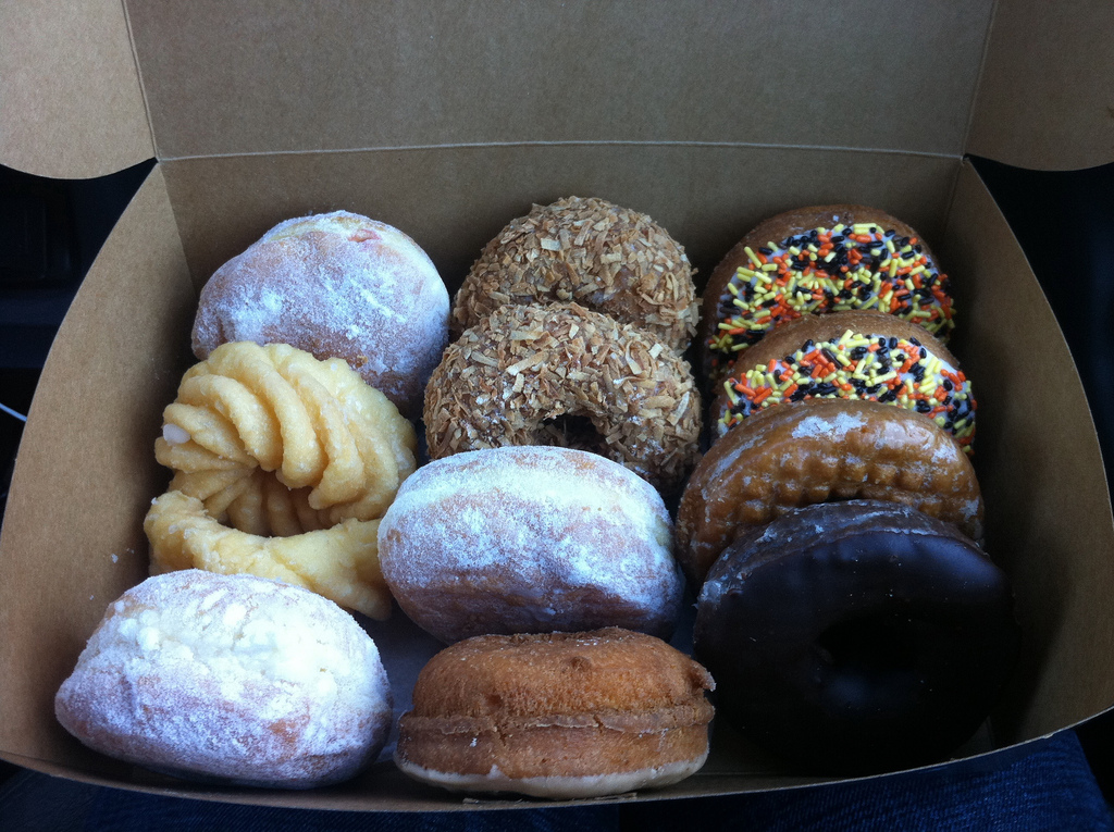 box of a dozen various donuts