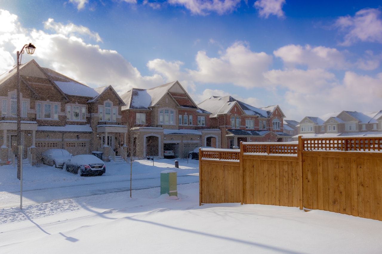 beautiful homes in housing complex in snowy weather