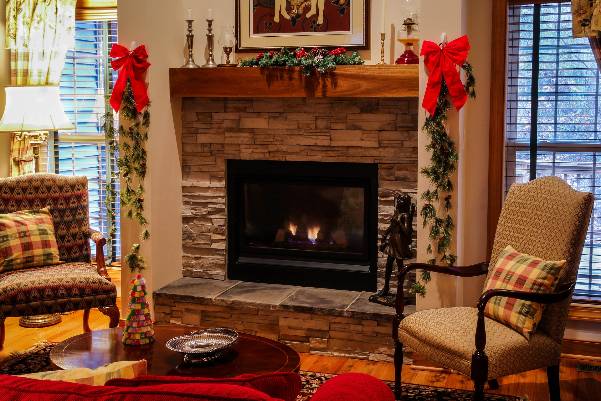 cozy seating area around lit fireplace