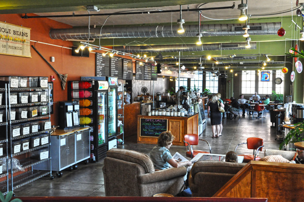 The modern interior of Coffee Emporium's cafe in downtown Cincinnati, Ohio