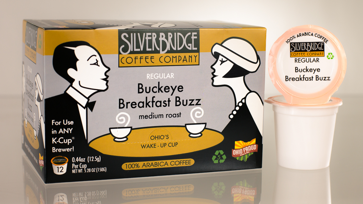 A box of Kcups from Silver Bridge Coffee Company in the flavor Buckeye Breakfast Buzz