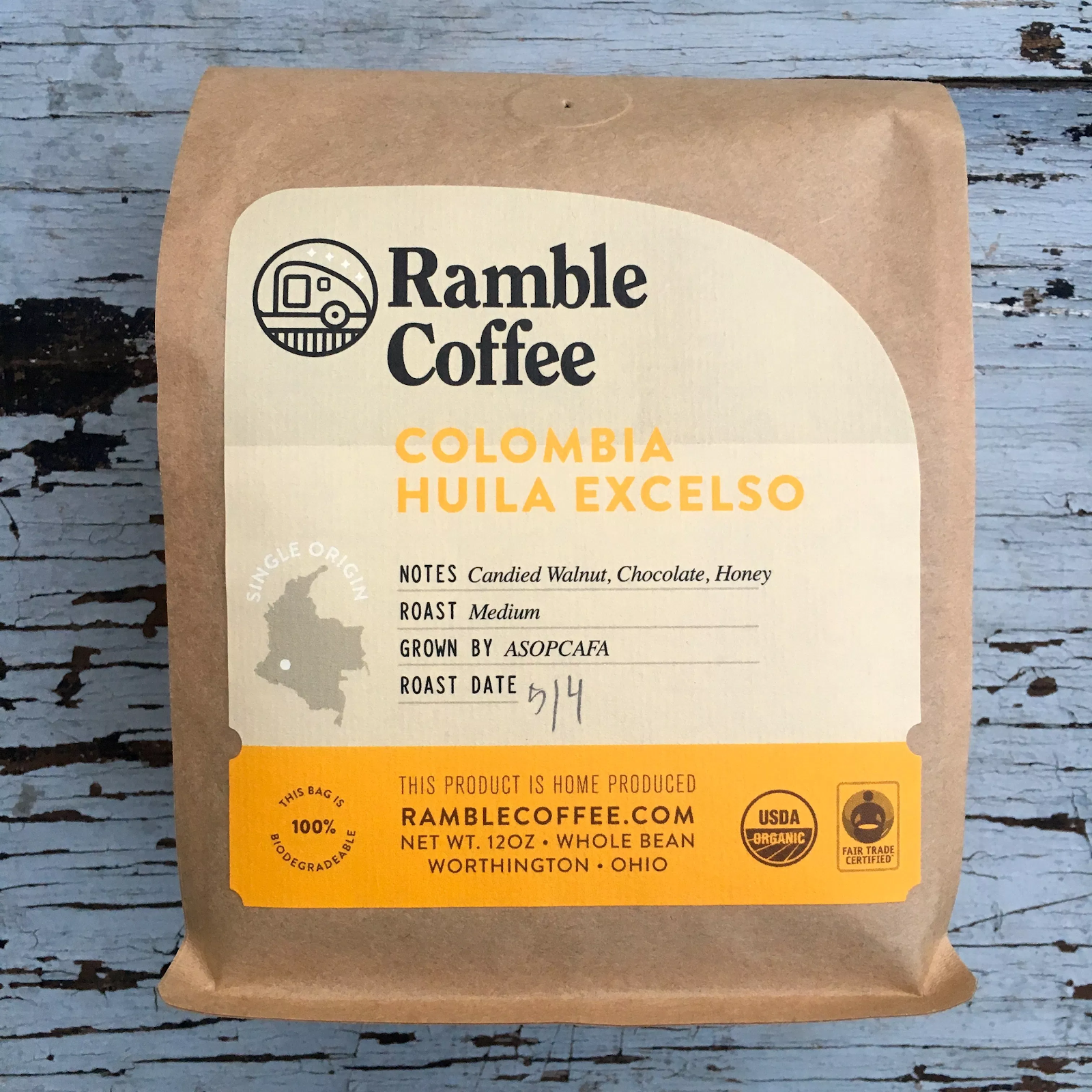 A package of Colombia Huila Excelso coffee from Ramble Coffee