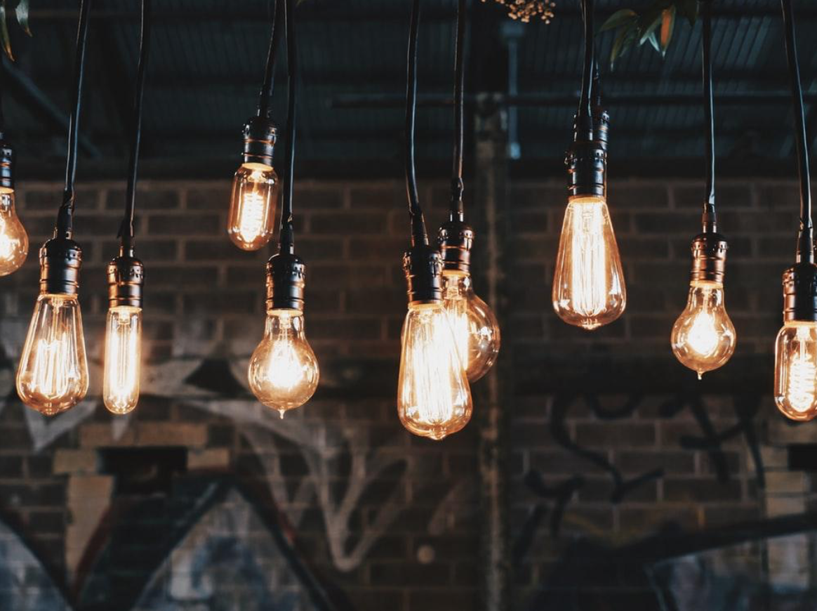 Unique filament light bulbs used as a beautiful and  functional design element in a home.