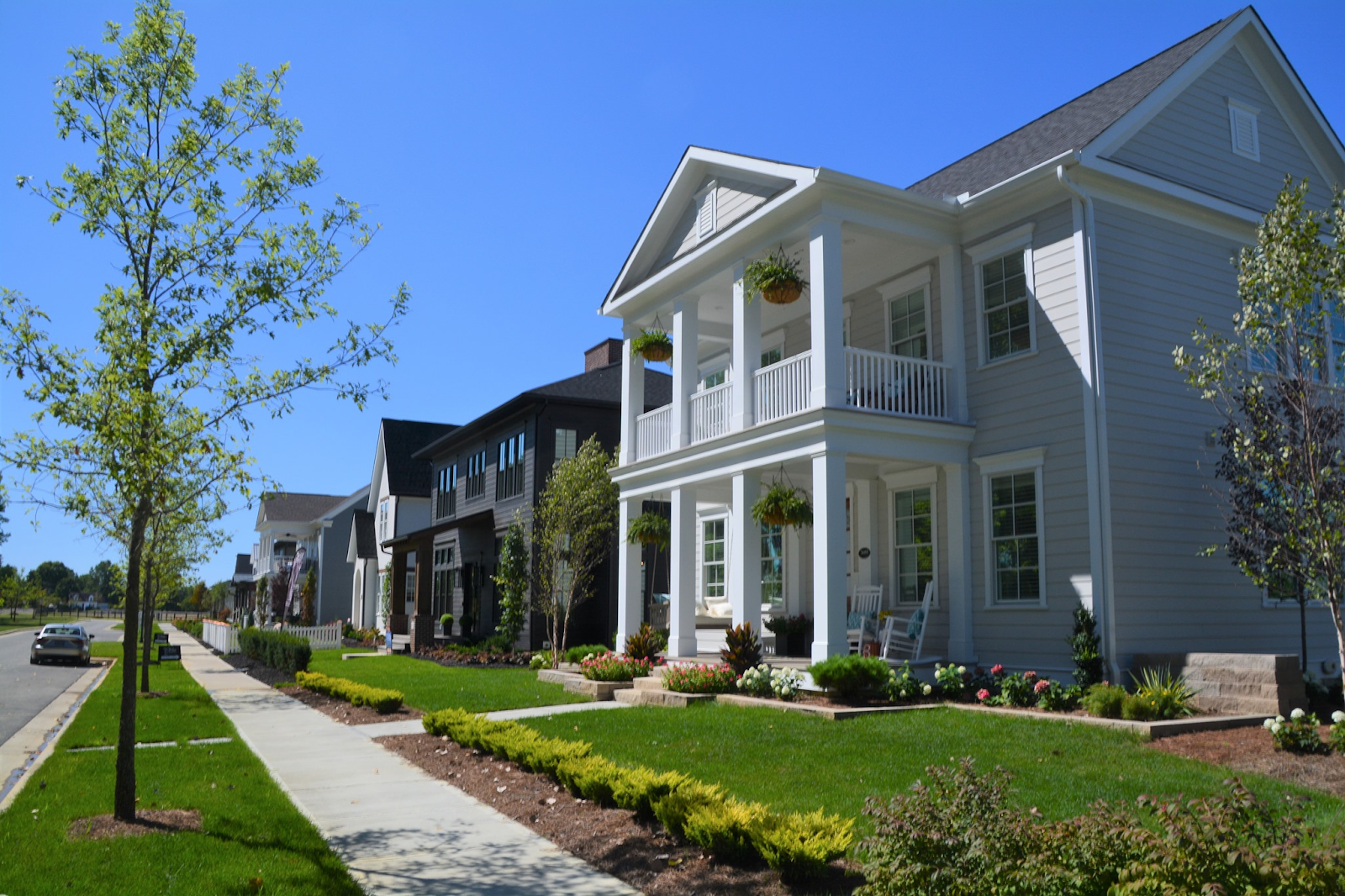 Row of two-story houses with green lawns and young shrubbery