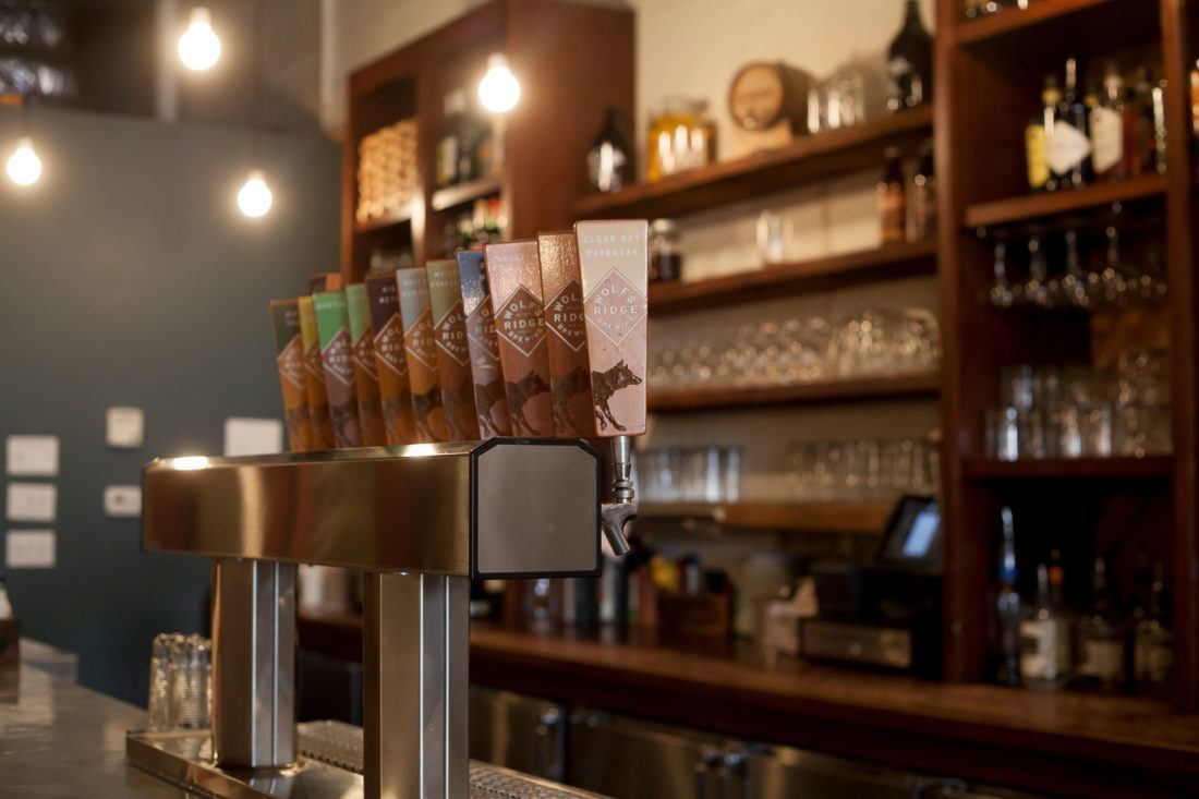 Wolf's Ridge taproom bar with branded wooden tap handles