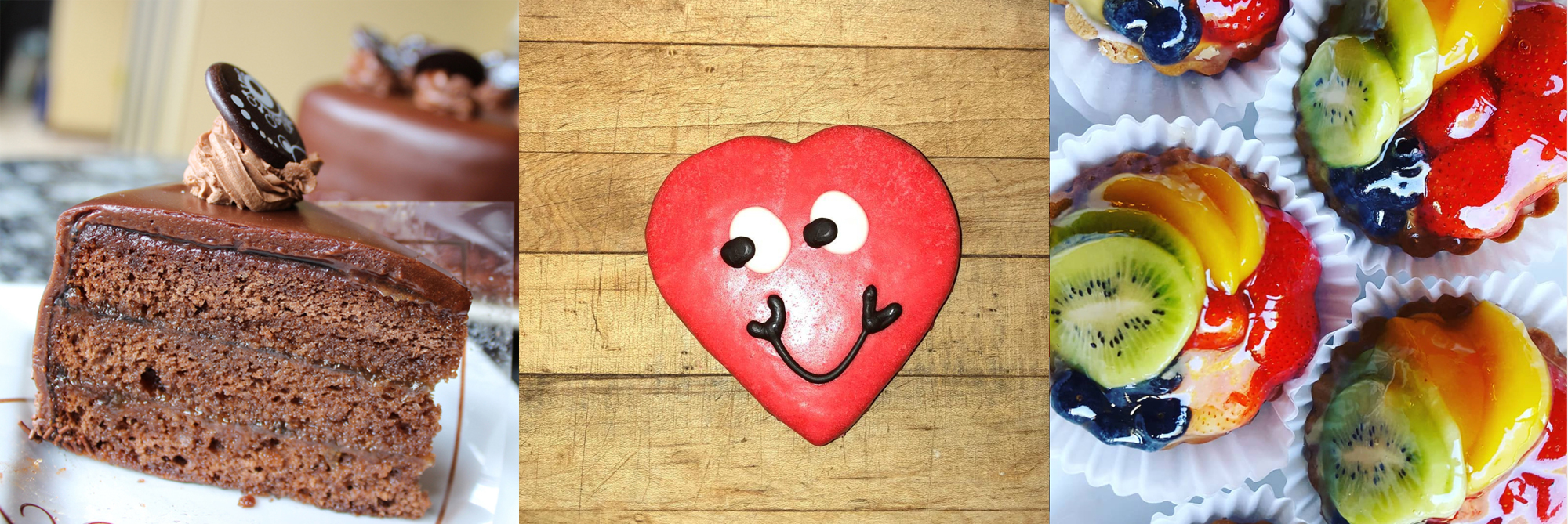 Chocolate cake, heart shaped sugar cookie, fruit tarts