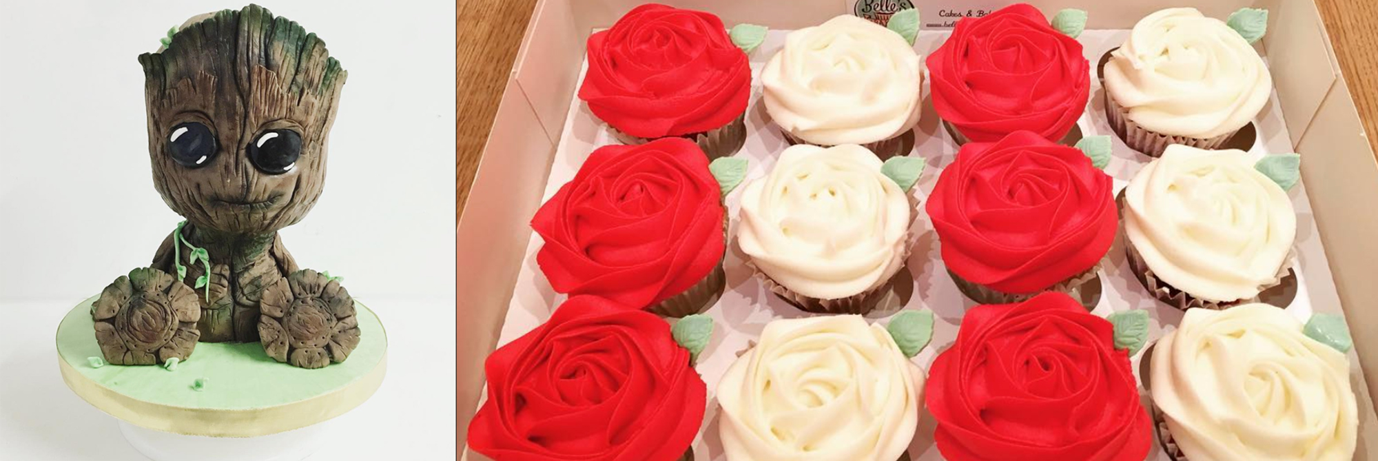 Beautiful cake that looks like a baby tree and rose cupcakes