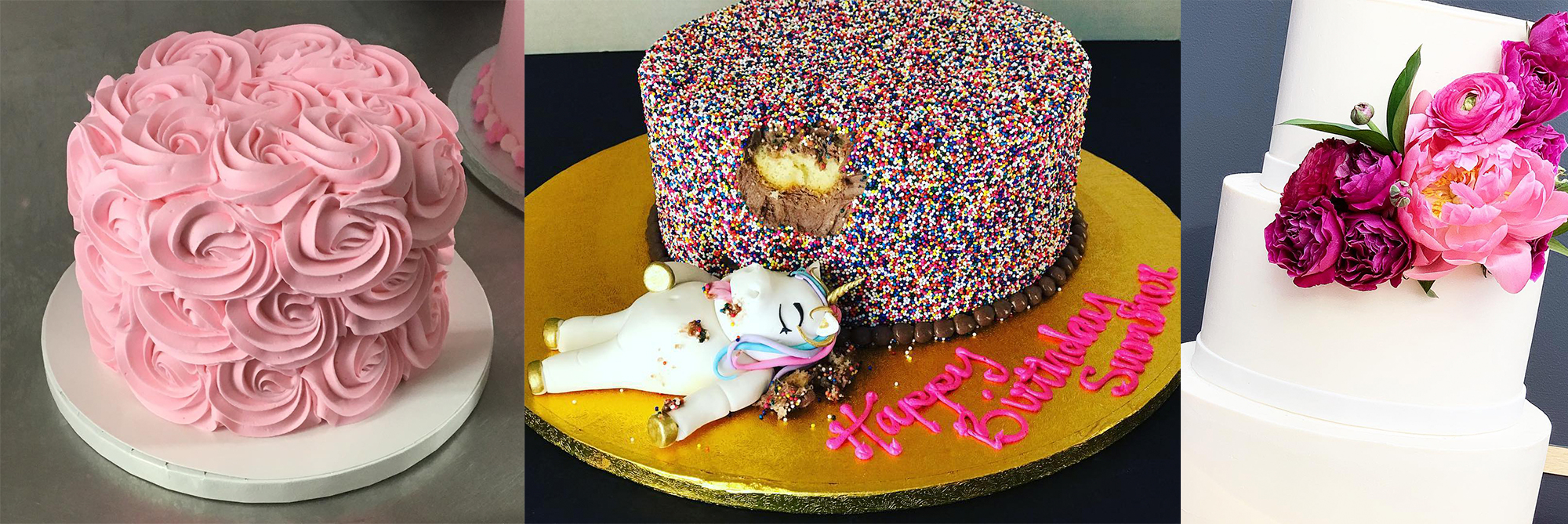 Decorative pink flower cake, a funny cake with a unicorn drunk on sprinkles, and a classy white wedding cake