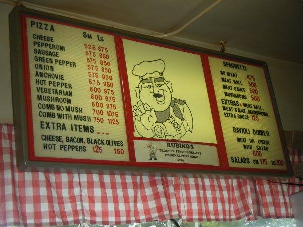 Rubino's Pizza menu sign