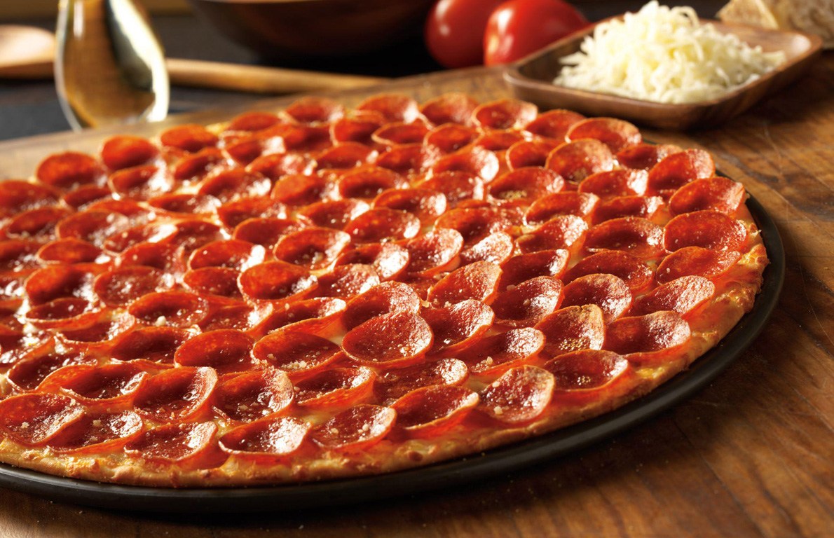 close up of a pepperoni pizza from Donato's