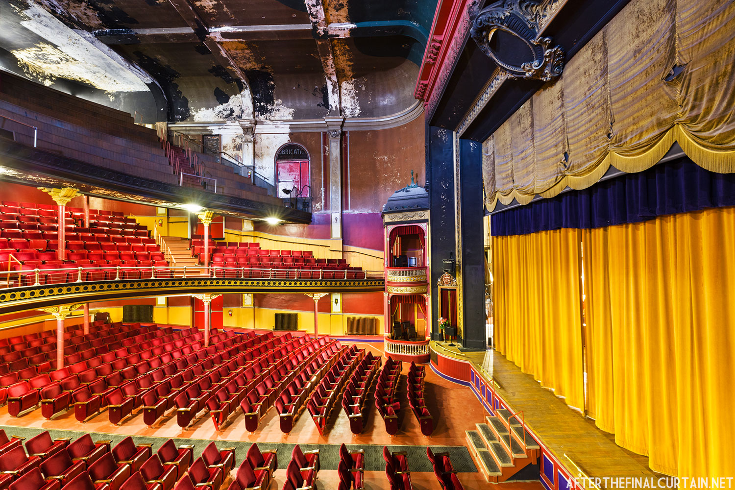 The sorge opera house has large beautiful golden curtains to highlight the classic look of the theatre