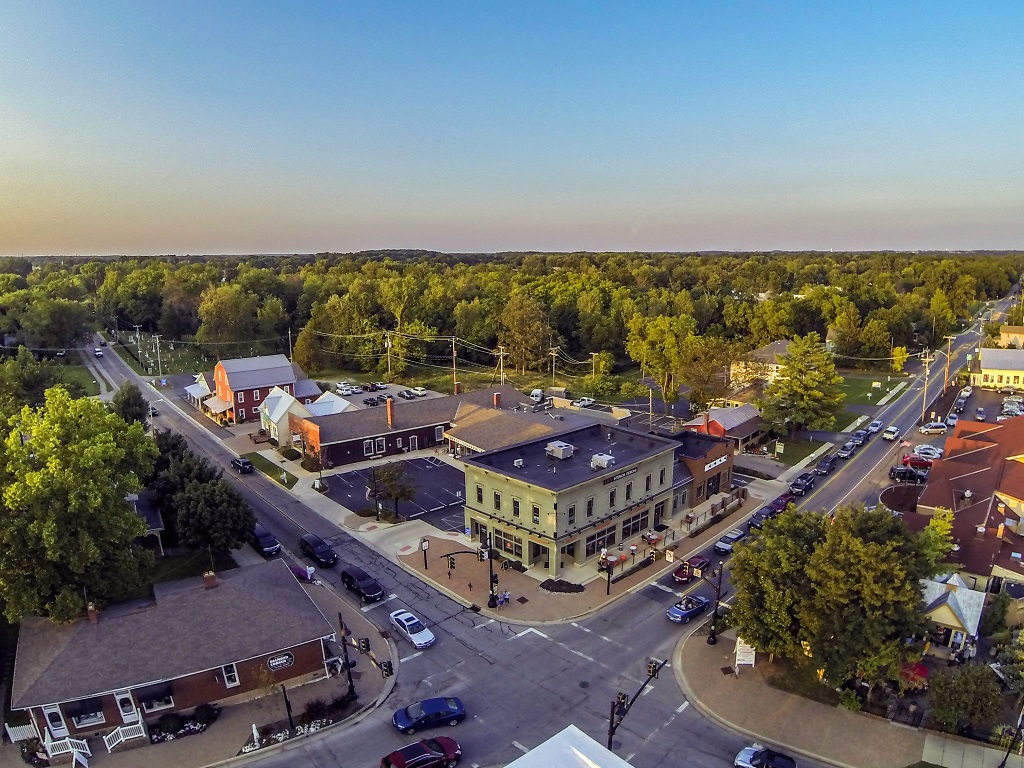 an aerial view of an intersection in powell, ohio