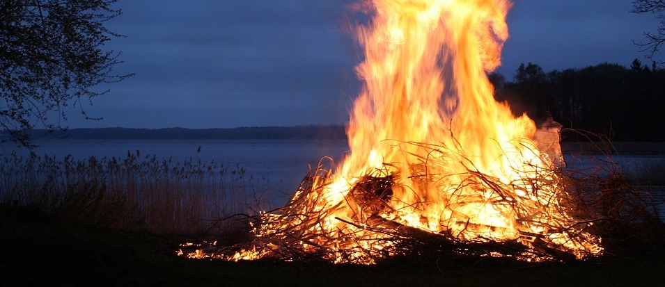 summer campfire on a lakeshore