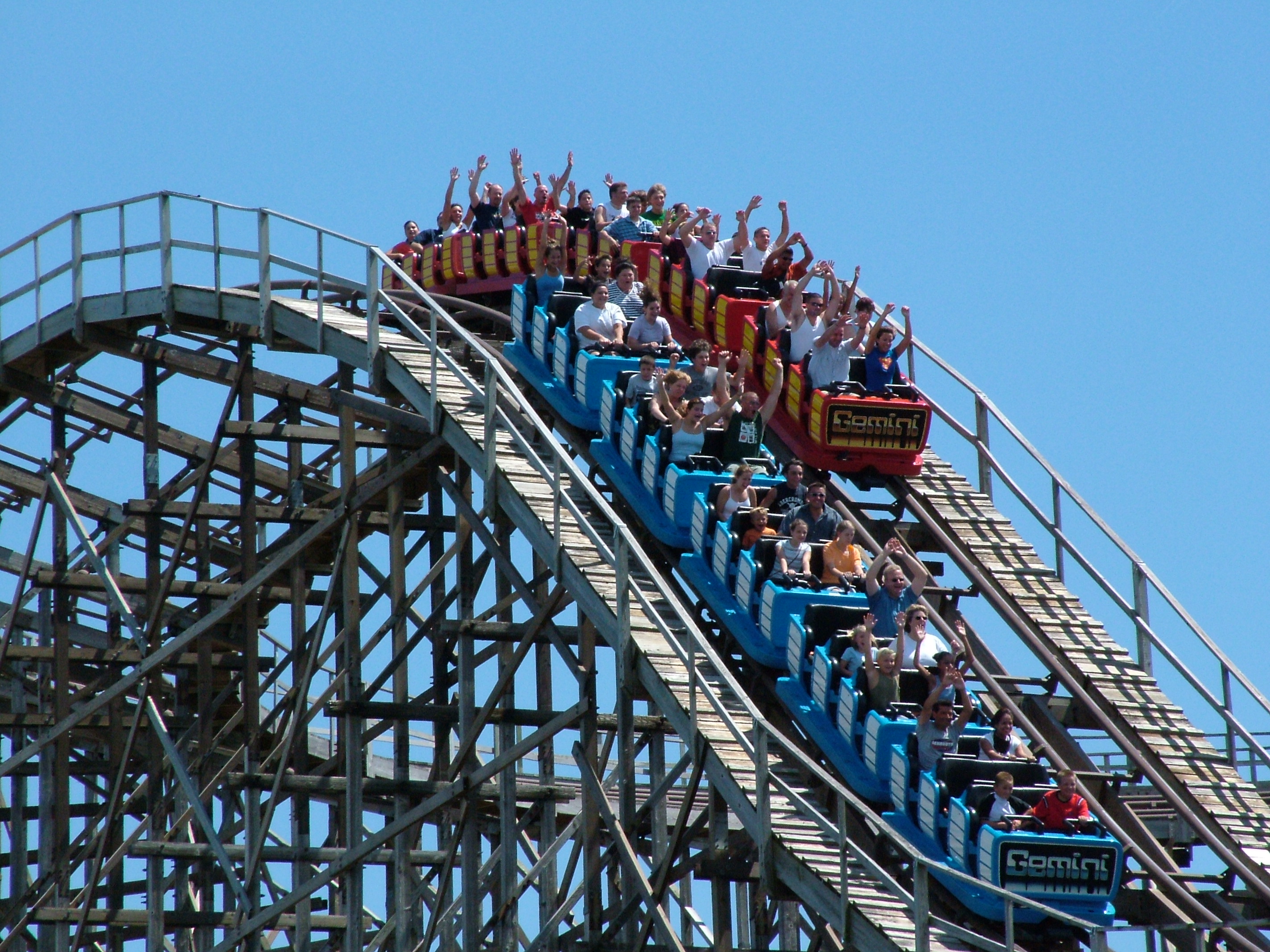 People riding the Gemini Roller Coaster at Cedar Point