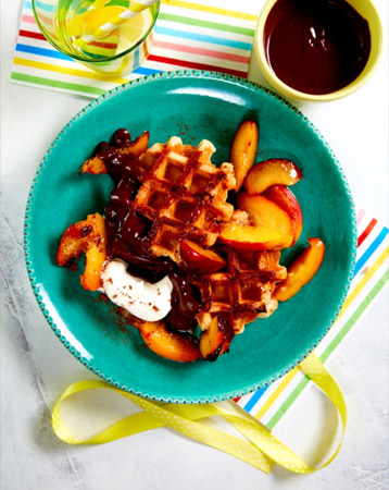 Peachy Plum Waffles with Chocolate Drizzle