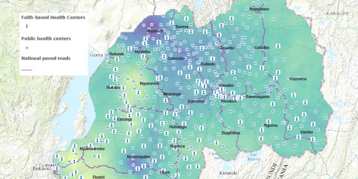 This visualization of Rwanda, constructed by AidData Fellow Joshua Okafor, illustrates the location of public and faith-based health centers and their proximity to paved roads, overlaid by a heatmap of contraceptive use. As the gradient moves from yellow to blue, levels of contraceptive use increase. 