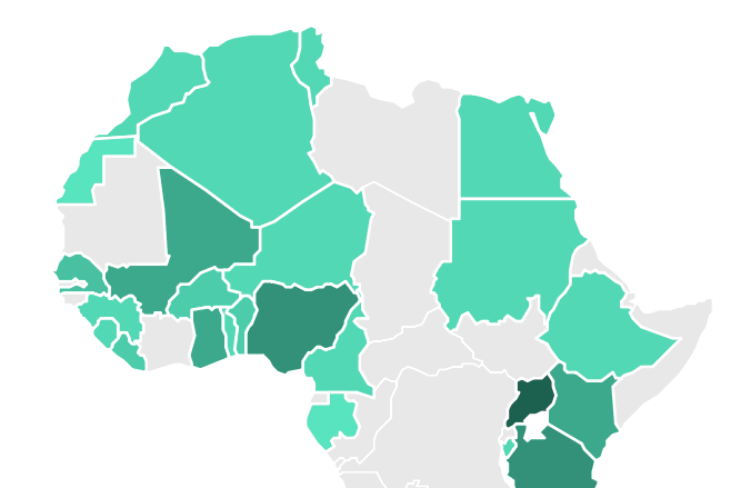 Map displaying the number of locations geocoded per country for 37 countries in Africa (Afrobarometer Rounds 1-6). Source: AidData.