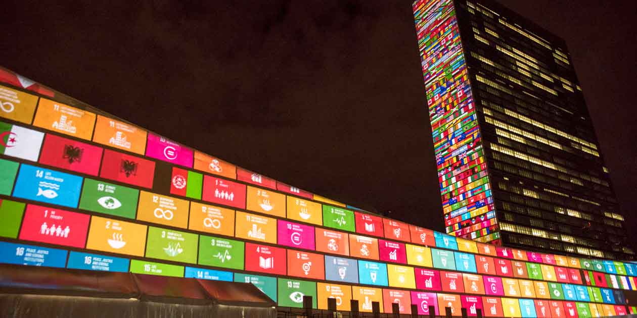 A lightshow to launch the UN’s Sustainable Development Goals is seen on the facades of the General Assembly and Secretariat buildings in New York City on September 22nd, 2015.