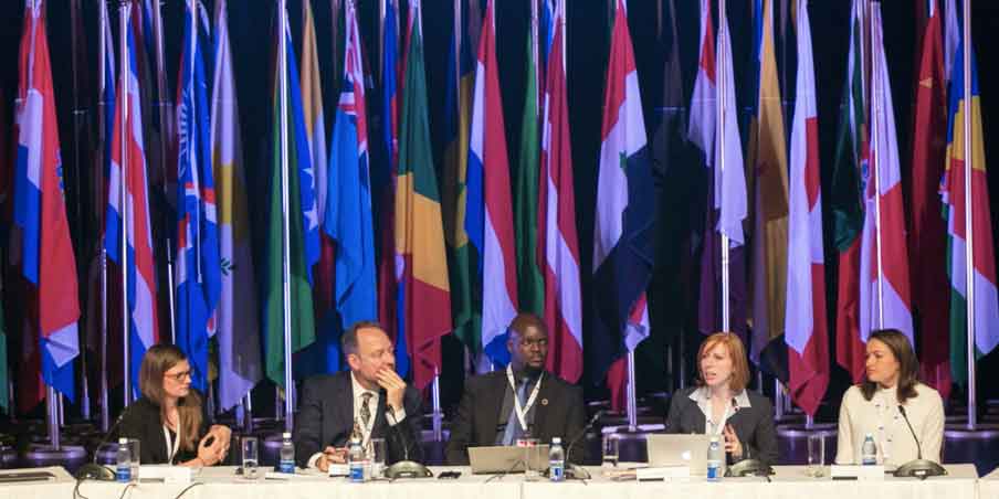 Samantha Custer, Director of Policy Analysis for AidData, (second from right) moderates a panel discussion on 'The "Missing Millions" and Data Collaboratives’ in Cape Town, South Africa during the 2017 UN World Data Forum. Photo by IISD/ENB | Kiara Worth.