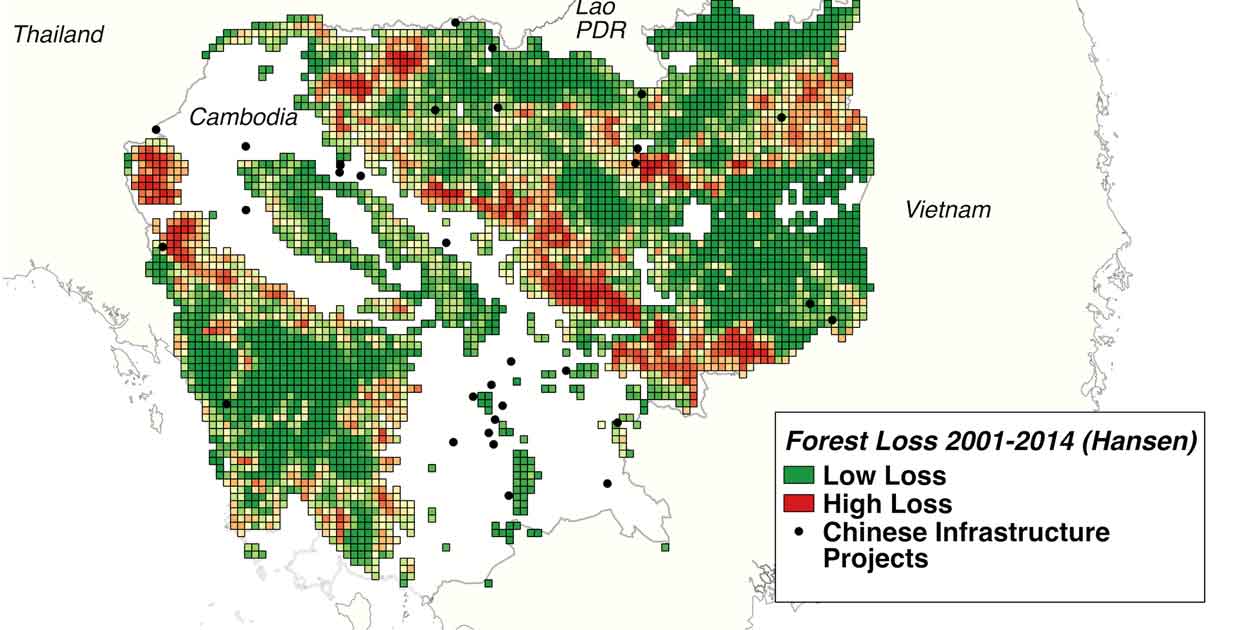 This map draws on Chinese infrastructure project location data from AidData and forest cover loss data from Hansen et al. (2013).