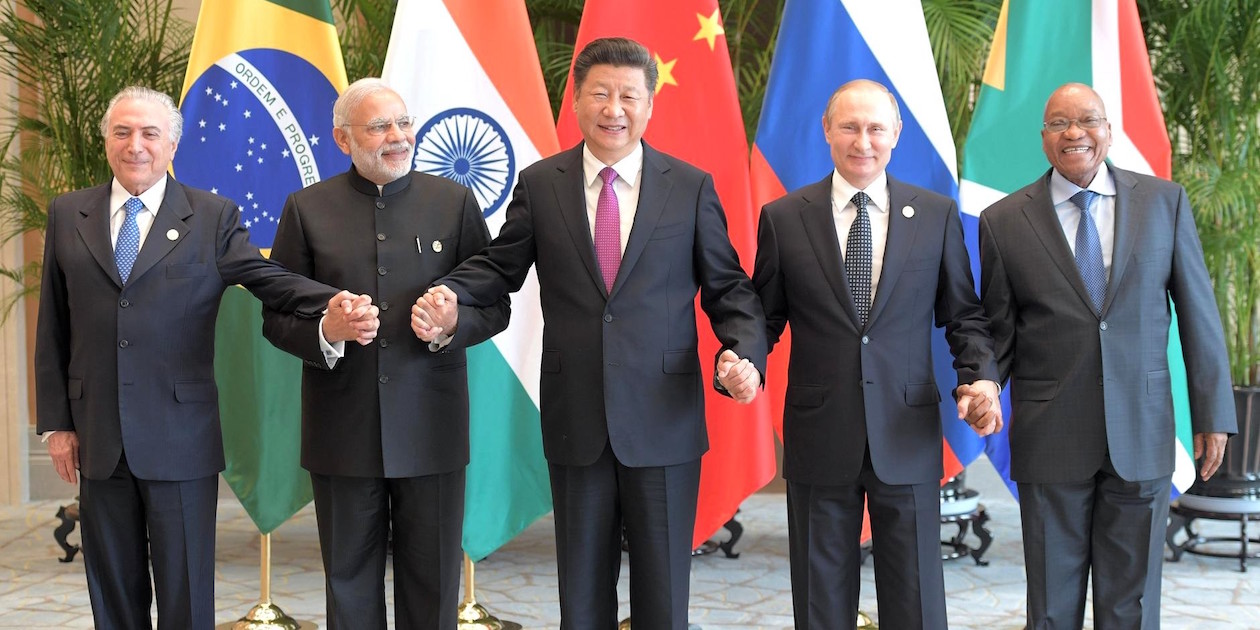 At a 2016 meeting of BRICS leaders, from left: President of Brazil Michel Temer, Prime Minister of India Narendra Modi, President of the People's Republic of China Xi Jinping, President of Russia Vladimir Putin, and President of the Republic of South Africa Jacob Zuma. Photo by RIA Novosti.