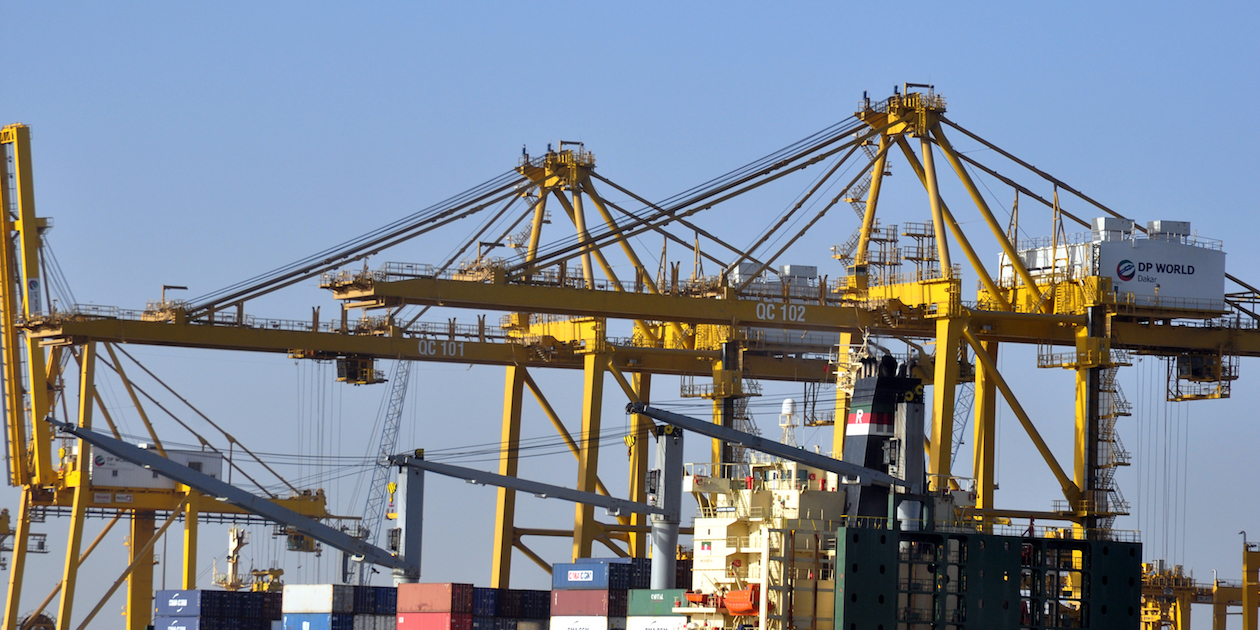 Containers stacked high at Dakar, Senegal’s capital city and a major port.