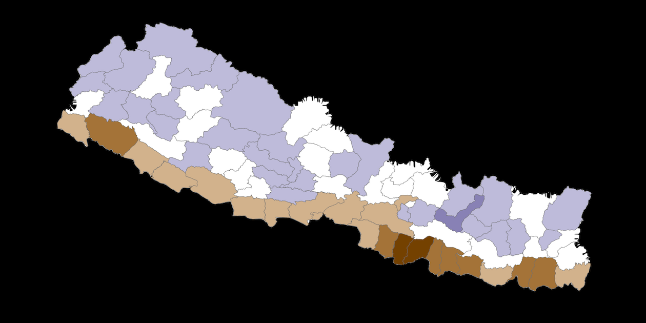 Image adapted from map of Nepal's overfunded and underfunded districts, by literacy rate. Dark brown districts had less funding and lower literacy; dark blue districts had more funding and higher literacy. Map by Doug Nicholson for AidData, all rights reserved.