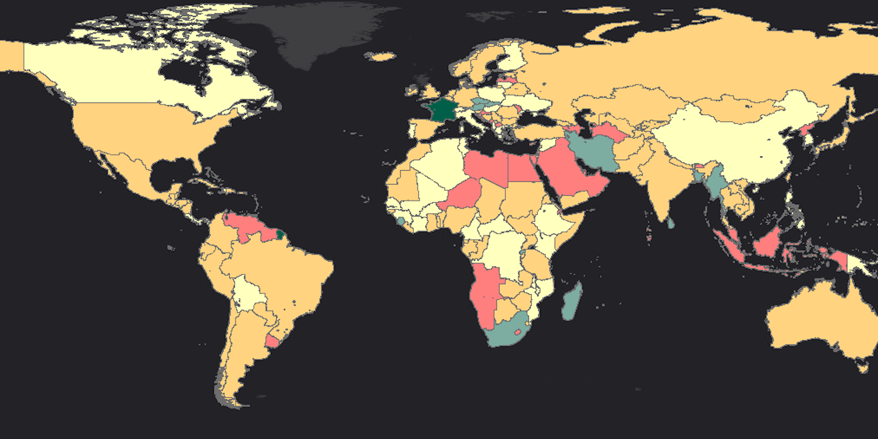 This global map of the GeoBoundaries alpha release shows the administrative boundaries available by country. Red is ADM1, orange is ADM2, yellow is ADM3, gray-green is ADM4, and dark green is ADM5.