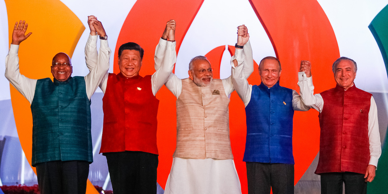 The leaders (l-r) of South Africa, China, India, Russia and Brazil meet in Goa, India for the 2016 Annual BRICS Meeting. Photo by Beto Parata/PR via Flickr, licensed under (CC BY 2.0).