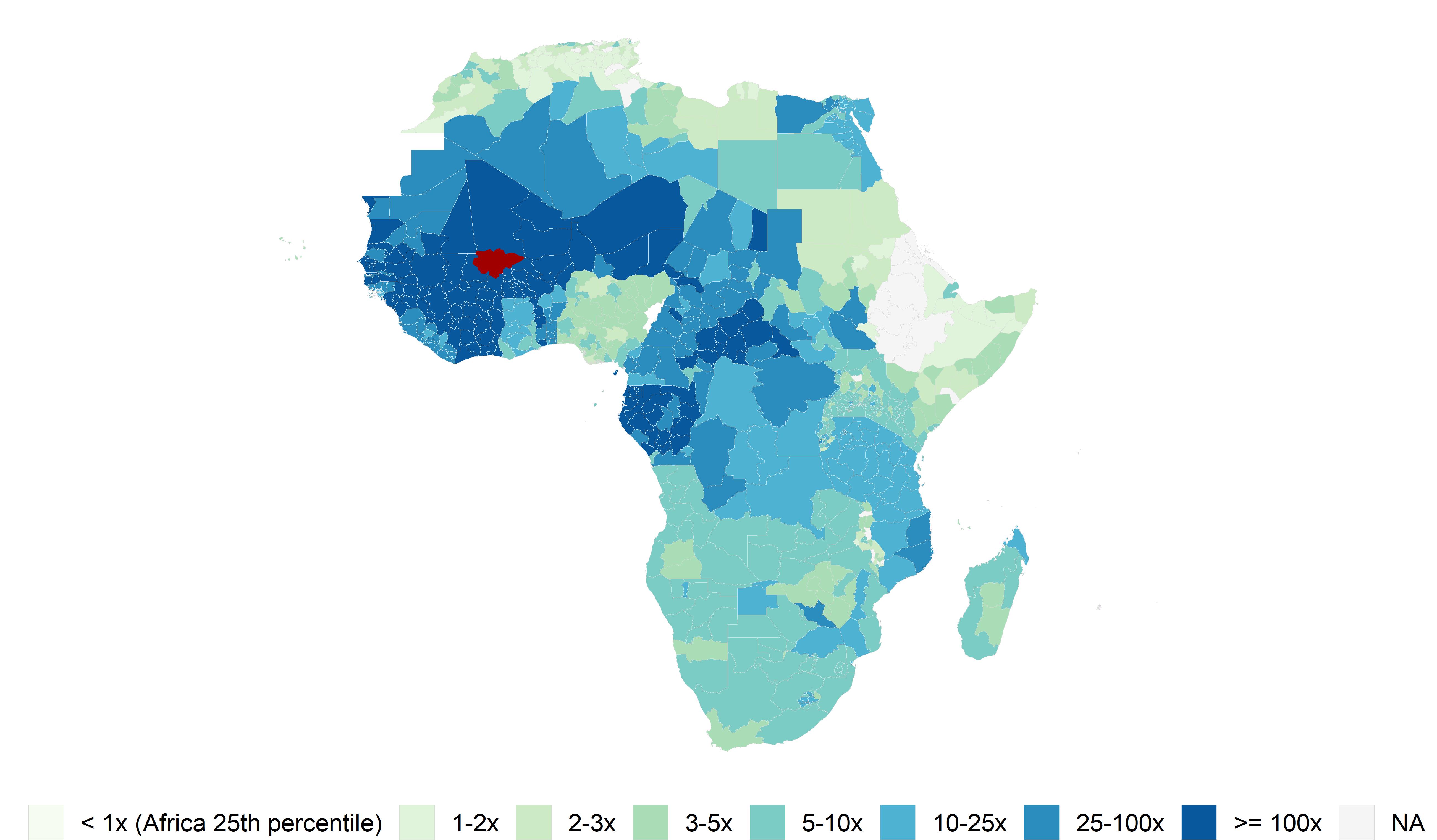 A map of Africa, shaded by Facebook Social Connectedness Index